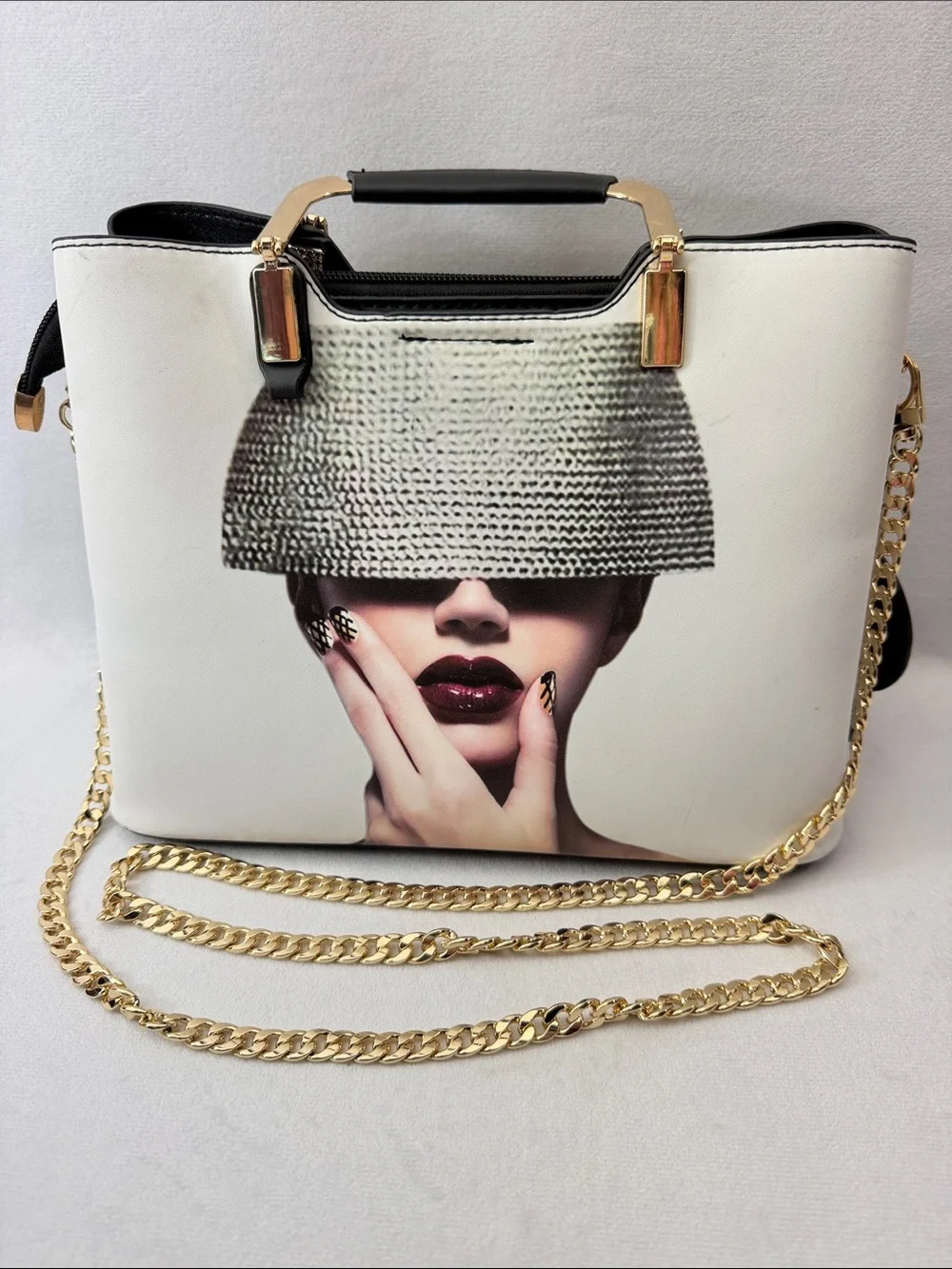 Nevenka PU Leather Top Handle Portrait Print Gold Chain Crossbody Detachable - Picture 2 of 9